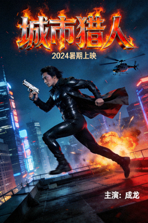 动作电影《城市猎人》海报，主角在城市屋顶奔跑